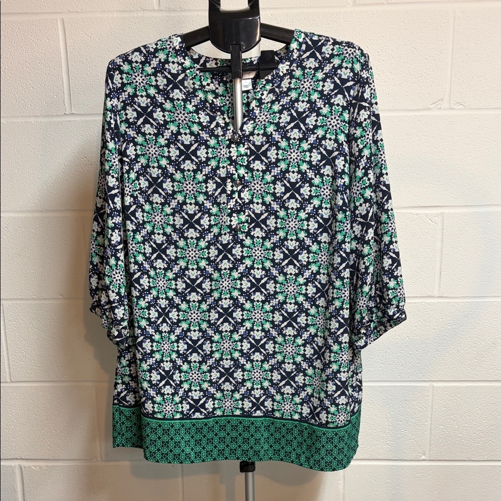 CJ Banks Blouse Womens 1X Blue Floral 3/4 Sleeve 1/4 Button Pullover